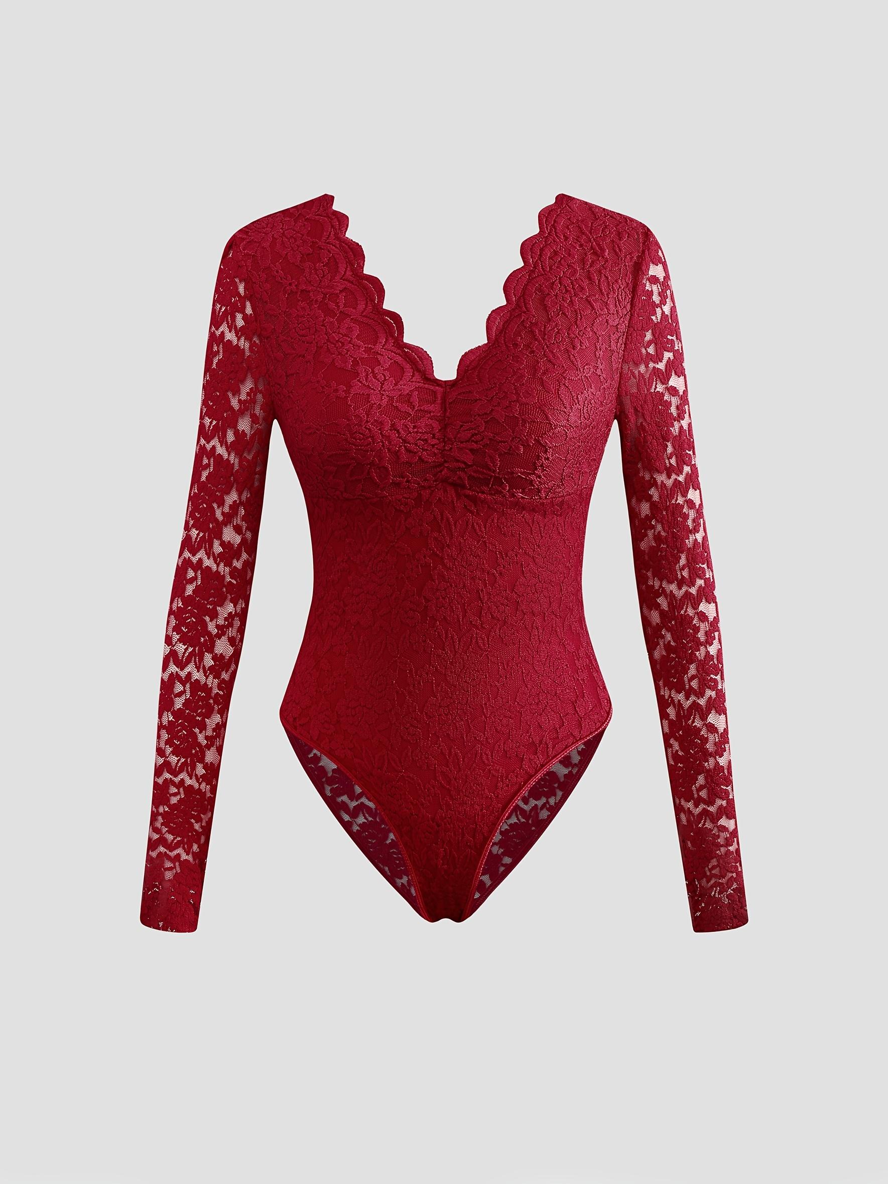 ChromaChic LEE Christmas Womens Elegant Lace Long Sleeve See Through Jumpsuit Sheer Bodysuit with Back Bow Hand Washable Wedding Night Dress Valentines Gift Bridal Lingerie lencería  fina