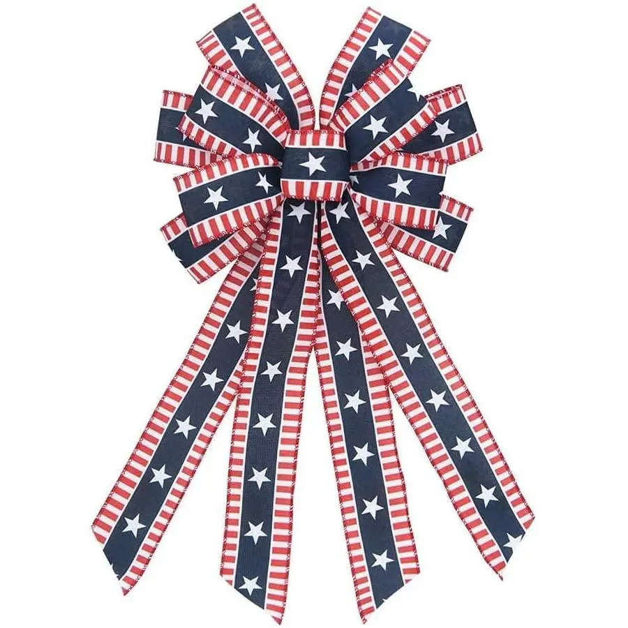 Large Patriotic Burlap Bows with Stars - Linen, Modern, Synthetic, Durable Festive Decor for 4th of July Wreaths, Memorial Day Front Doors, Tree Toppers