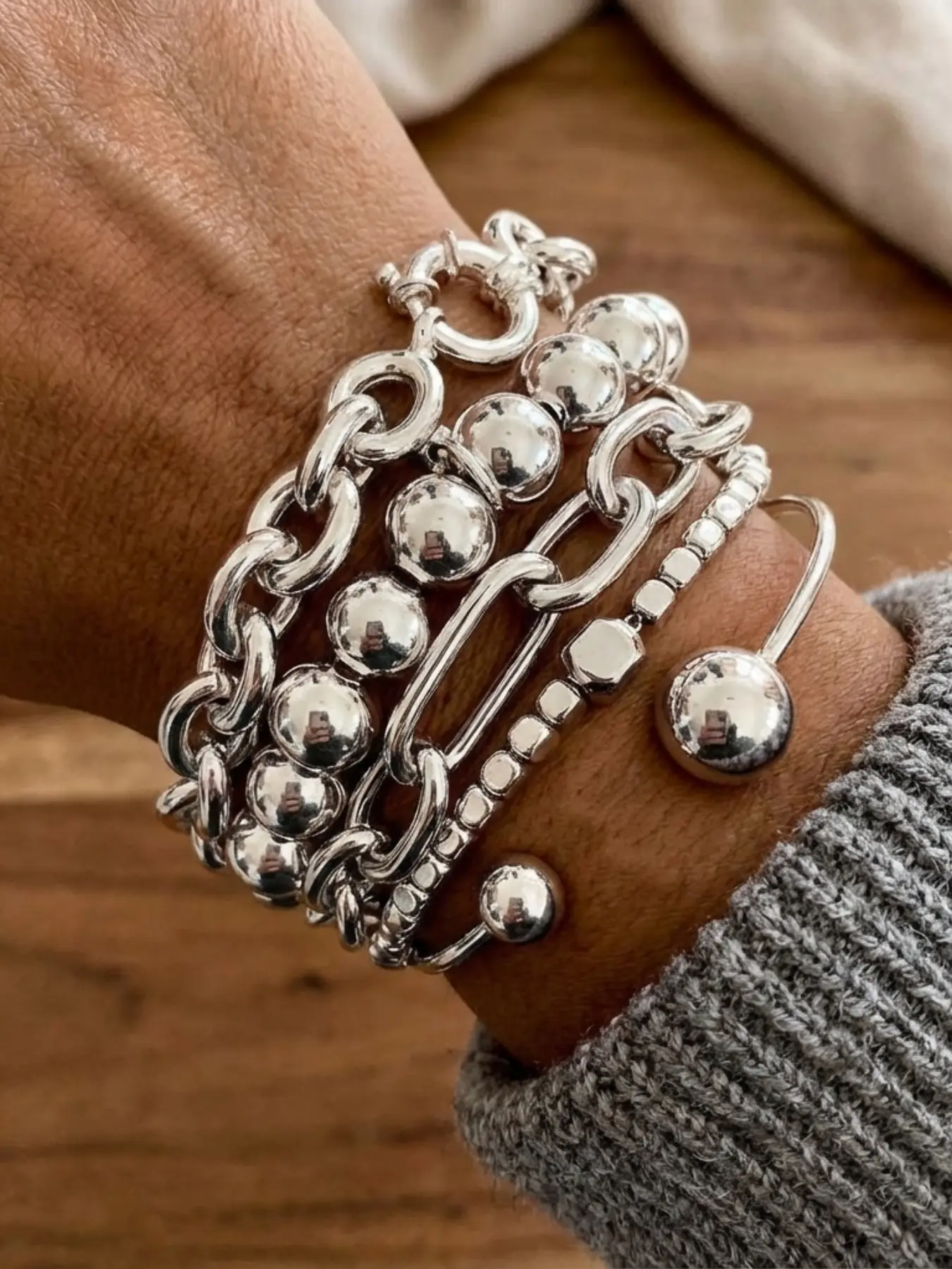 5 Piece Geometric Exaggerated Chunky Chain Beaded Bracelet Set, Punk Style Bangles, Fashion Jewelry for Women and Girls, Stacking Bangles