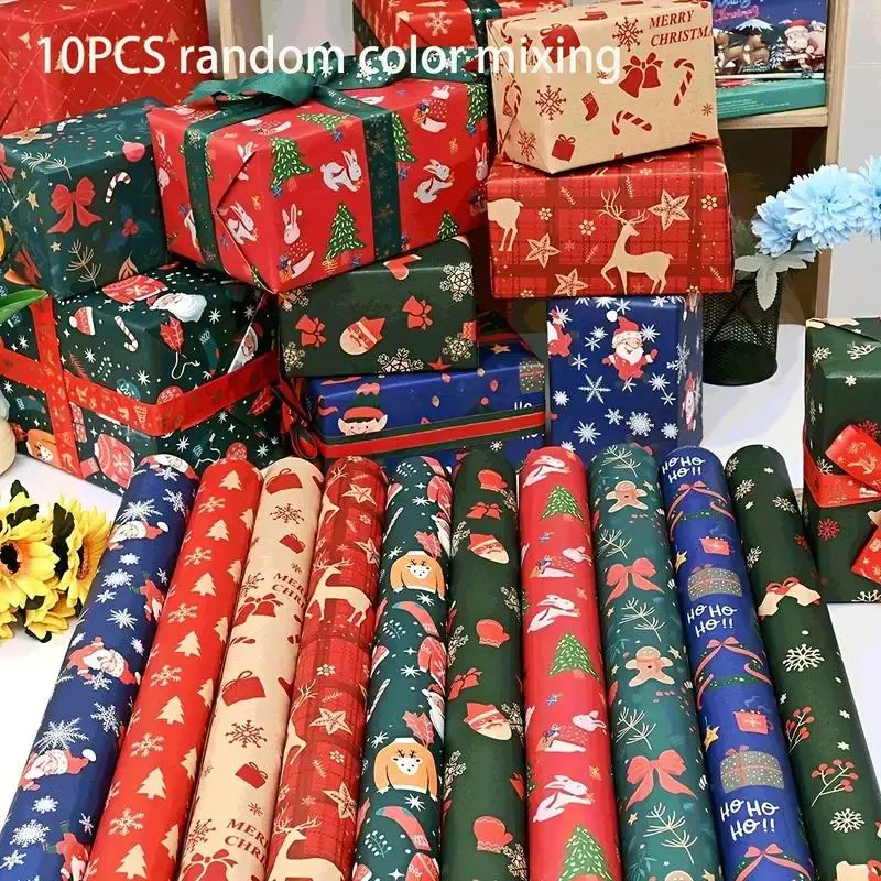 10 rolls of Christmas wrapping paper, cartoon theme, reusable wall sticker decoration stickers, suitable for gift packaging, friends' gifts, holiday packaging, durable paper materials, Christmas tree and reindeer design