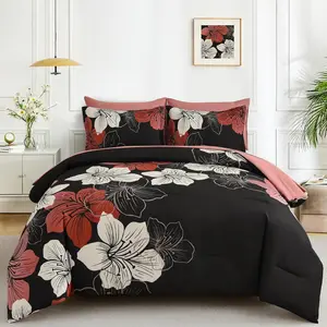 Red Floral Comforter Set Queen Size, 7 Pieces Bed in a Bag Red Black Comforter and Sheet Set, Soft Microfiber Complete Bedding Sets for All