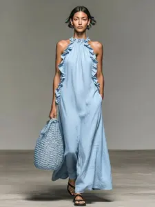2026 New Vacation Style Dress, Leaf Edge Halter Neck Sleeveless Midi Dress, Loose Fit Slimming Simple Elegant Waist Cinch Long Dress Gown, Suitable for Commute Outing Party