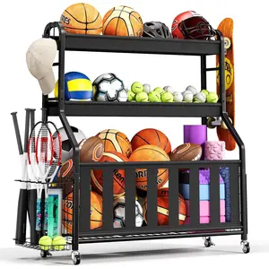 Equipment Organizer, Large Capacity Garage Ball Storage Rack with Wheels, Heavy-Duty Rolling Ball Cart for Basketball, Soccer &  Gear
