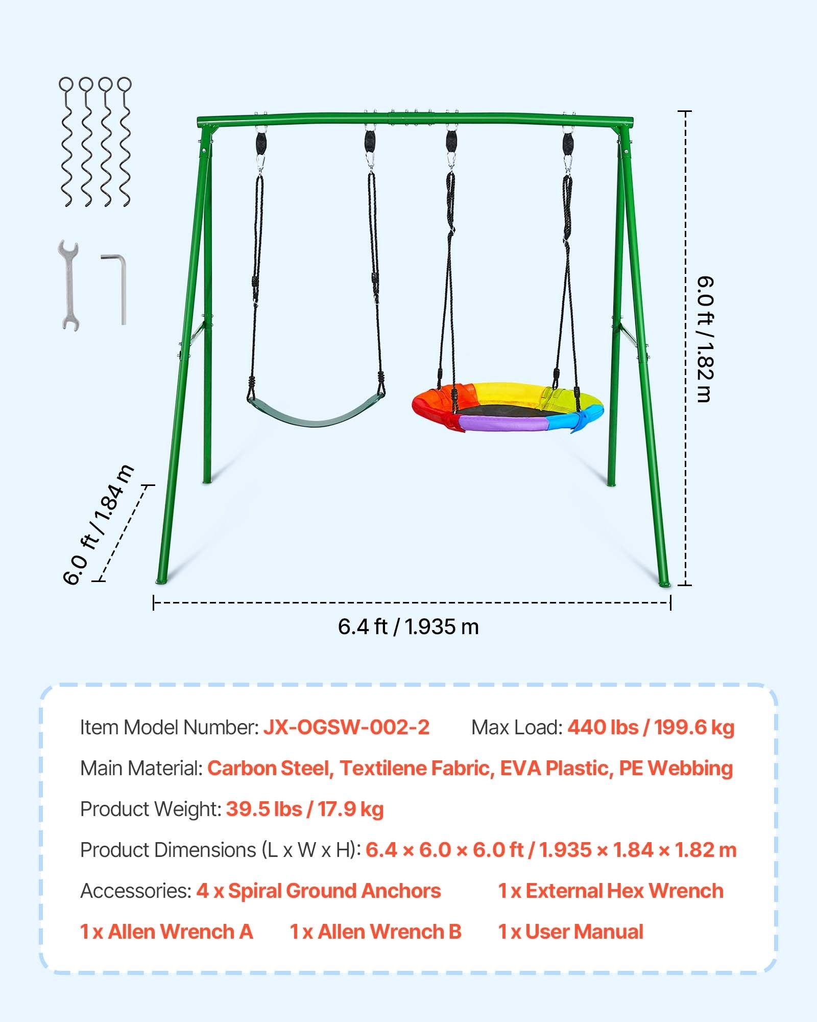【Summerfinds】VEVOR Unisex Carbon Steel Backyard Playground Equipment, 32-in Adjustable Saucer & Belt Seats, Heavy-Duty A-Frame Stand, 440-lbs Load Capacity, Spiral Ground Anchor Reinforcement, Sturdy Swinging Outdoor Gear for Long-Term Use