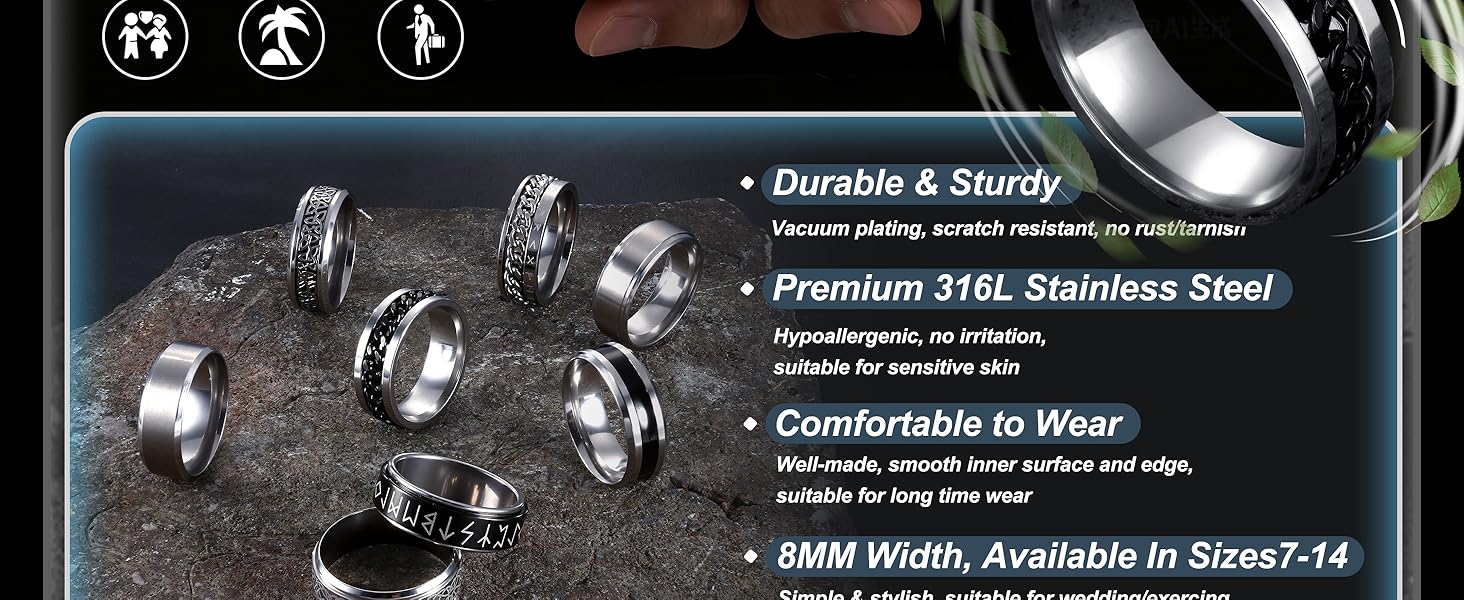 CASSIECA 8 Pcs Stainless Steel Rings for Men High Polished Mens Band Wedding Engagement Fidget Rings Vintage Spinning Rings Size 7-13 Men's Accessories