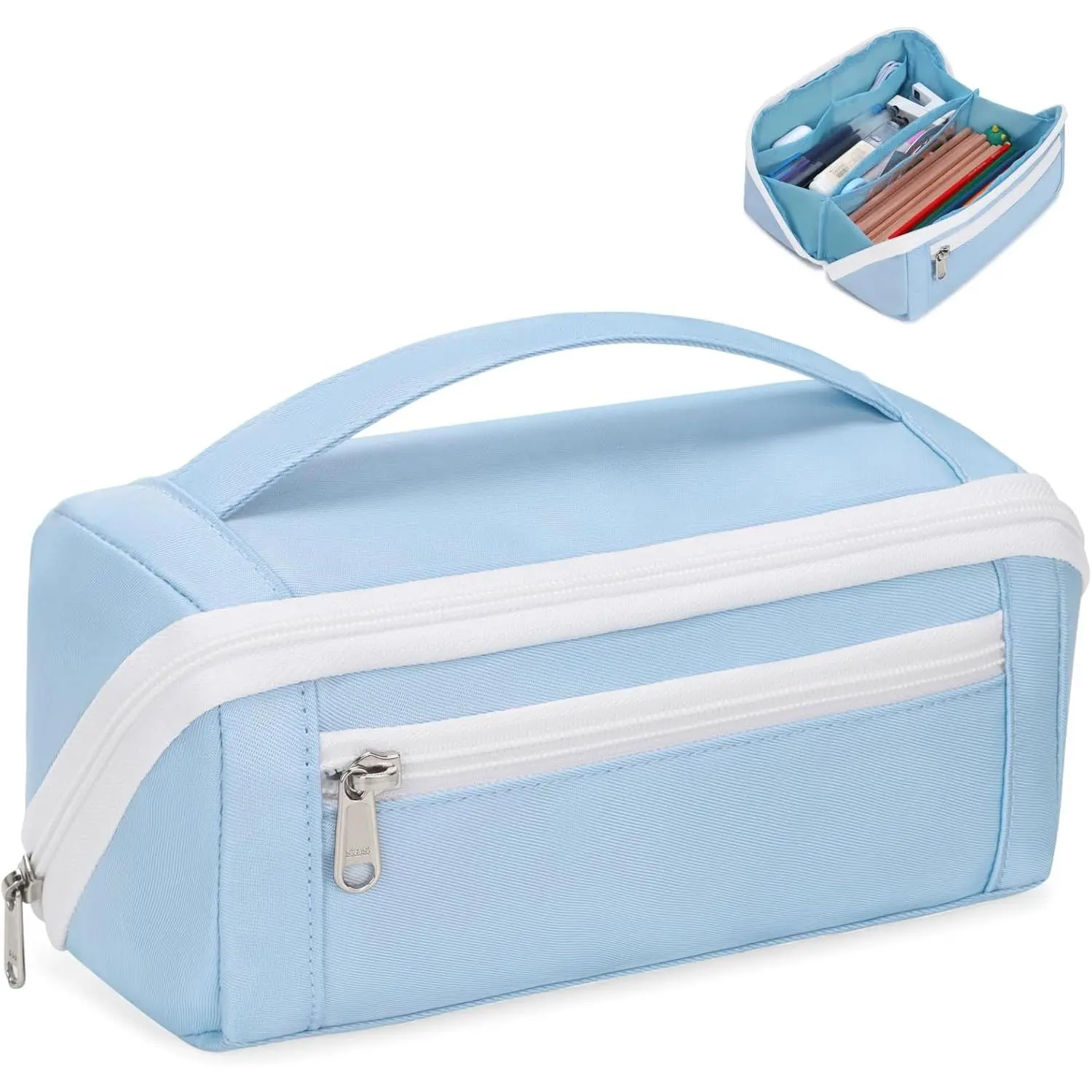Large Capacity Pencil Case - Pencil Pouch for Teen Girls & Boys, Aesthetic Pouch Organizer with 8 Compartments, Wide Opening Marker Bag for Middle High School College, Fits Calculator, Blue