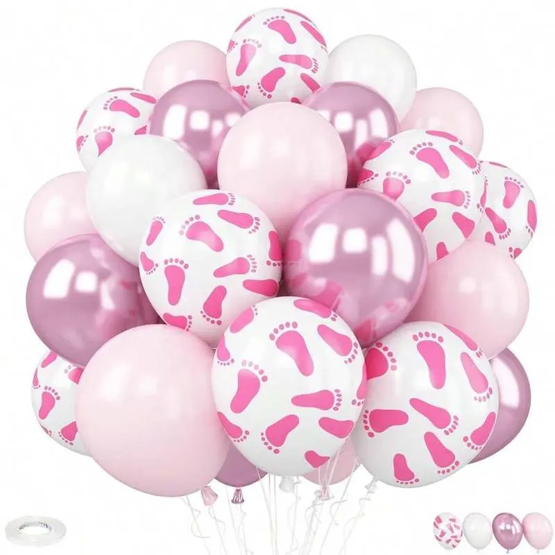 Pink Baby Footprint Balloons, Girl Baby Shower Latex Balloon Arch Kit, Light Pink Metallic Balloons, Baby Girl Baby Shower Party Decorations