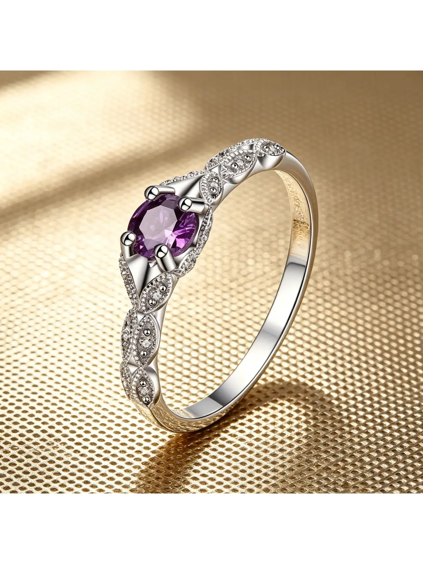 Round Amethyst Hollow Vine Crystal Thin Shank Engagement Ring, Bridal Ring, Elegant Vintage Gift for Women, Carved Leaf Smooth Band for Everyday Wear, Colored Gem Jewelry for Valentine Christmas Mother’s Day Date Proposal Anniversary Banquets