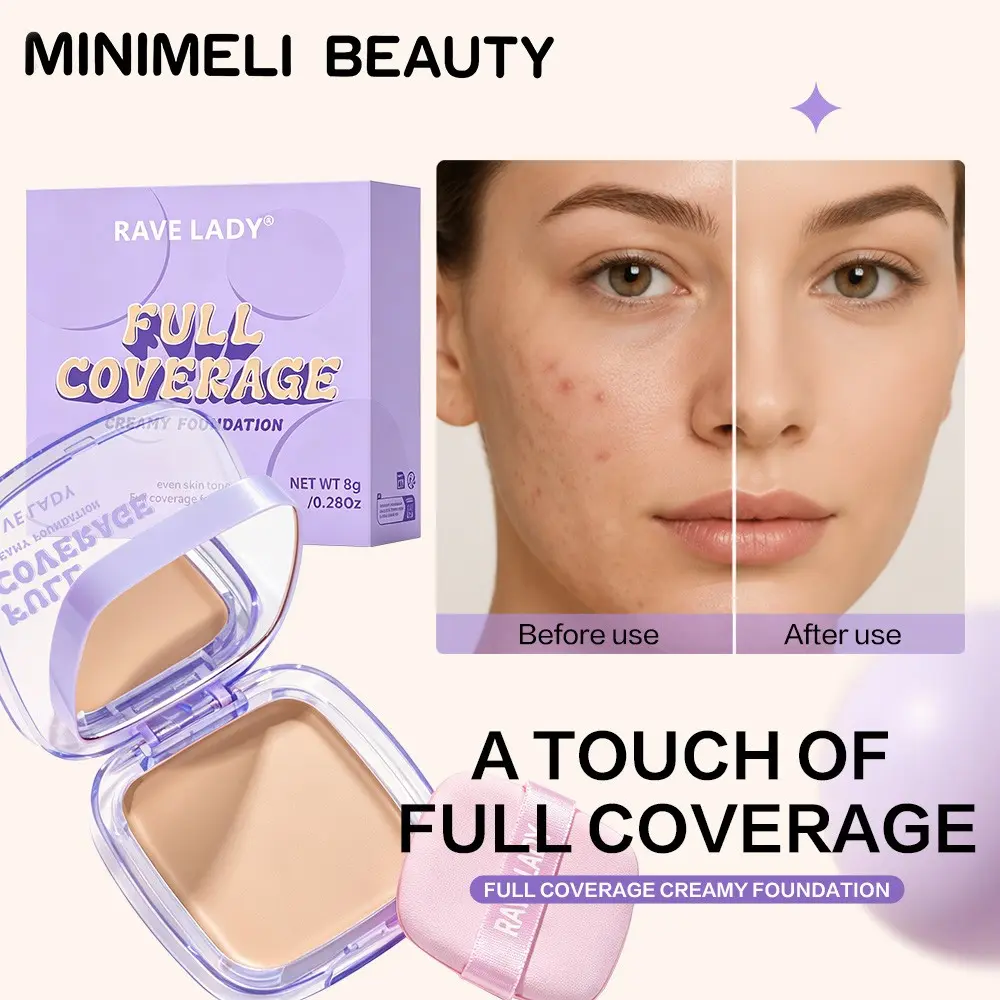RAVE LADY Cheese Foundation Cream Smooth Hydrating Concealer Balm, Full Coverage Dark Circles Redness Corrector Oil Control Non-Greasy Long Lasting Even Skin Tone Makeup with Powder Puff