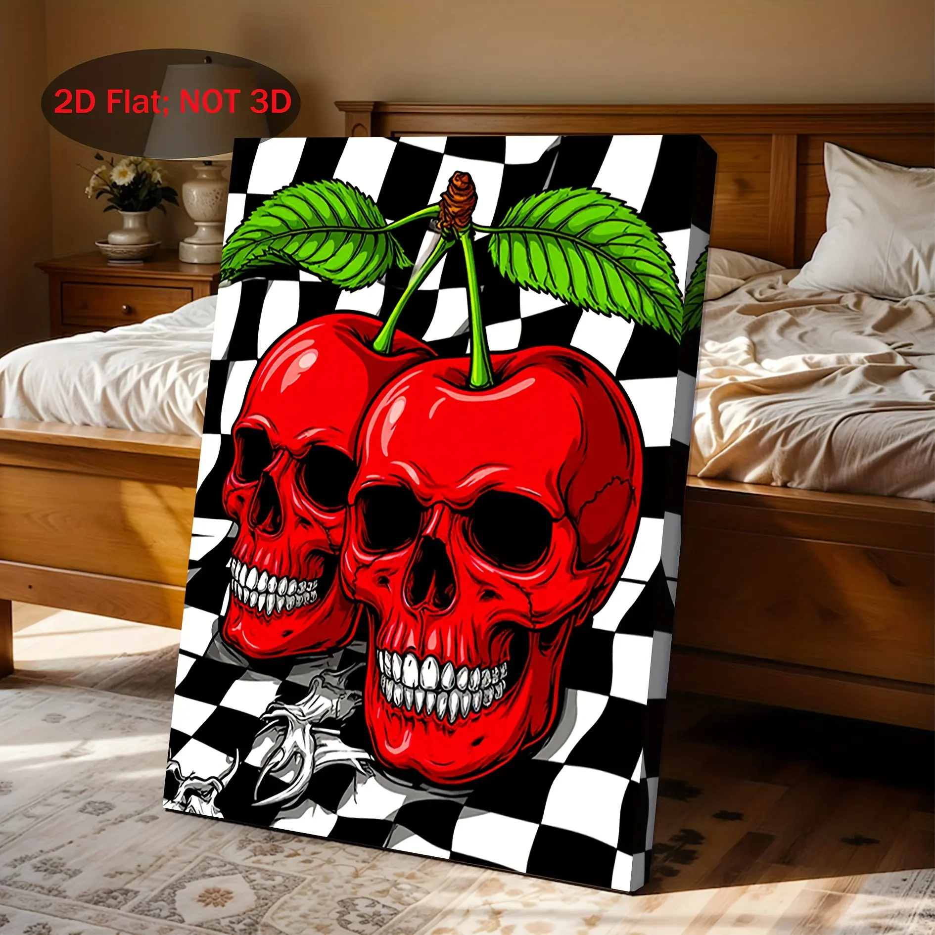 1-Piece Red Cherry Gothic Skull 2D Canvas Painting - Black-White Grid Frame, Dark Surrealism Wall Decor, Hanging Plaid-Houndstooth Accent, Juneteenth-Canada Day Art, Suitable for Living Room-Bedroom Home Supplies