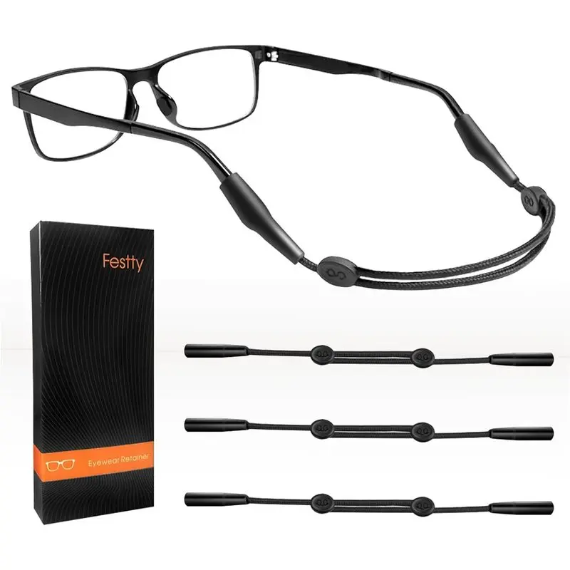 Glasses Strap Sports 3 pcs, Eyeglasses Strap Holder for Kids Women Men, Adjustable Sunglasses lanyard string chain,Reading eye glasses holders around neck, Eyewear Retainer (Black)