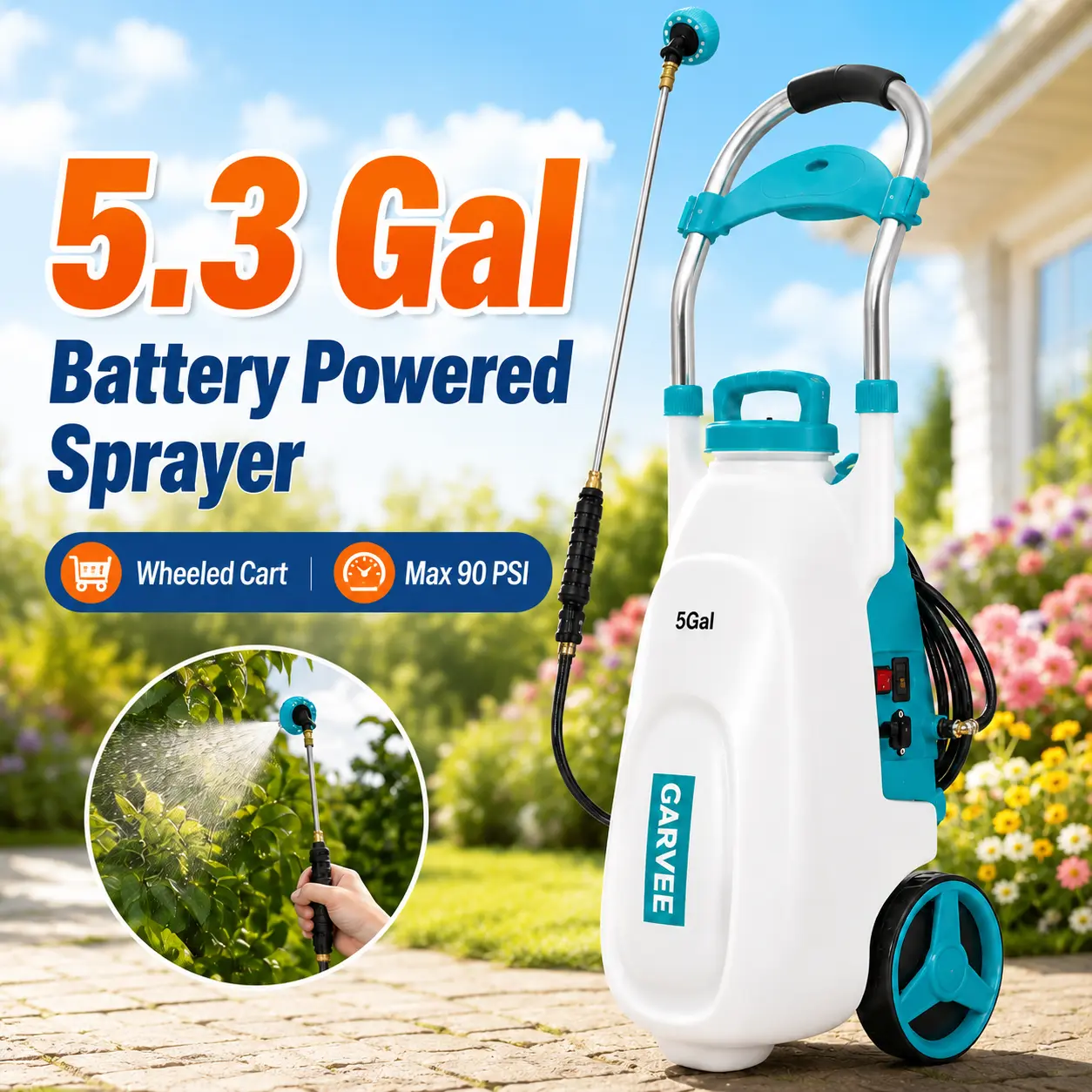 5.3 Gallons Battery Powered Sprayer with Wheeled Cart, 12V 8Ah Electric Garden Sprayer, 90 PSI Adjustable Pressure, 6 Nozzles & 2 Wands, 4–6H Runtime for Lawn & Yard