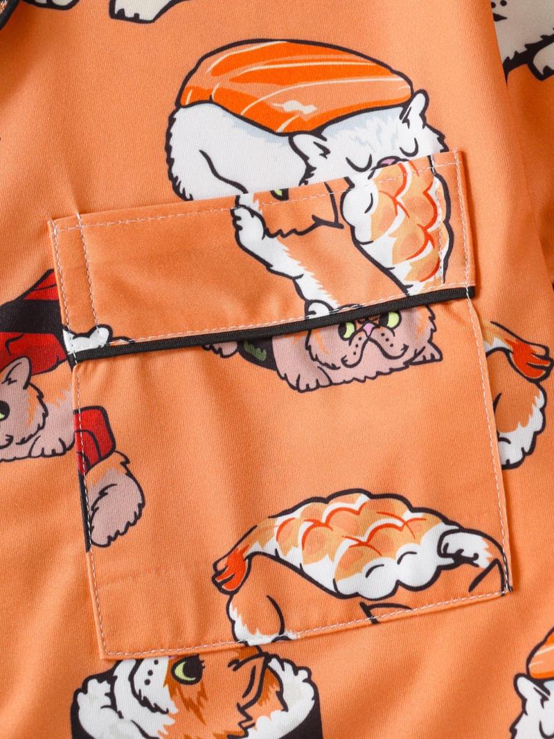 Women's All Over Cartoon Cat Print Short Sleeve Pajama Two-Piece Set, Regular Fit Casual Comfy Shortsleeve Button Front Chest Pocket Design Lapel Neck Top & Elastic Waist Shorts PJ Set, Ladies Sleepwear for All Seasons