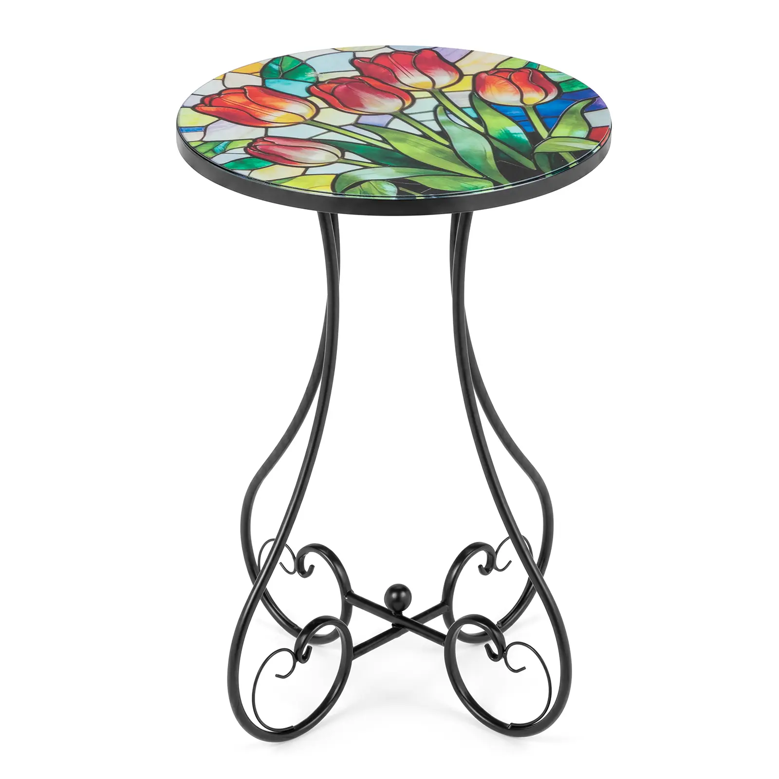 14 Inch Tulip Mosaic Side Table, Round Iron Top with Butterfly Legs, Indoor Outdoor Accent End Table