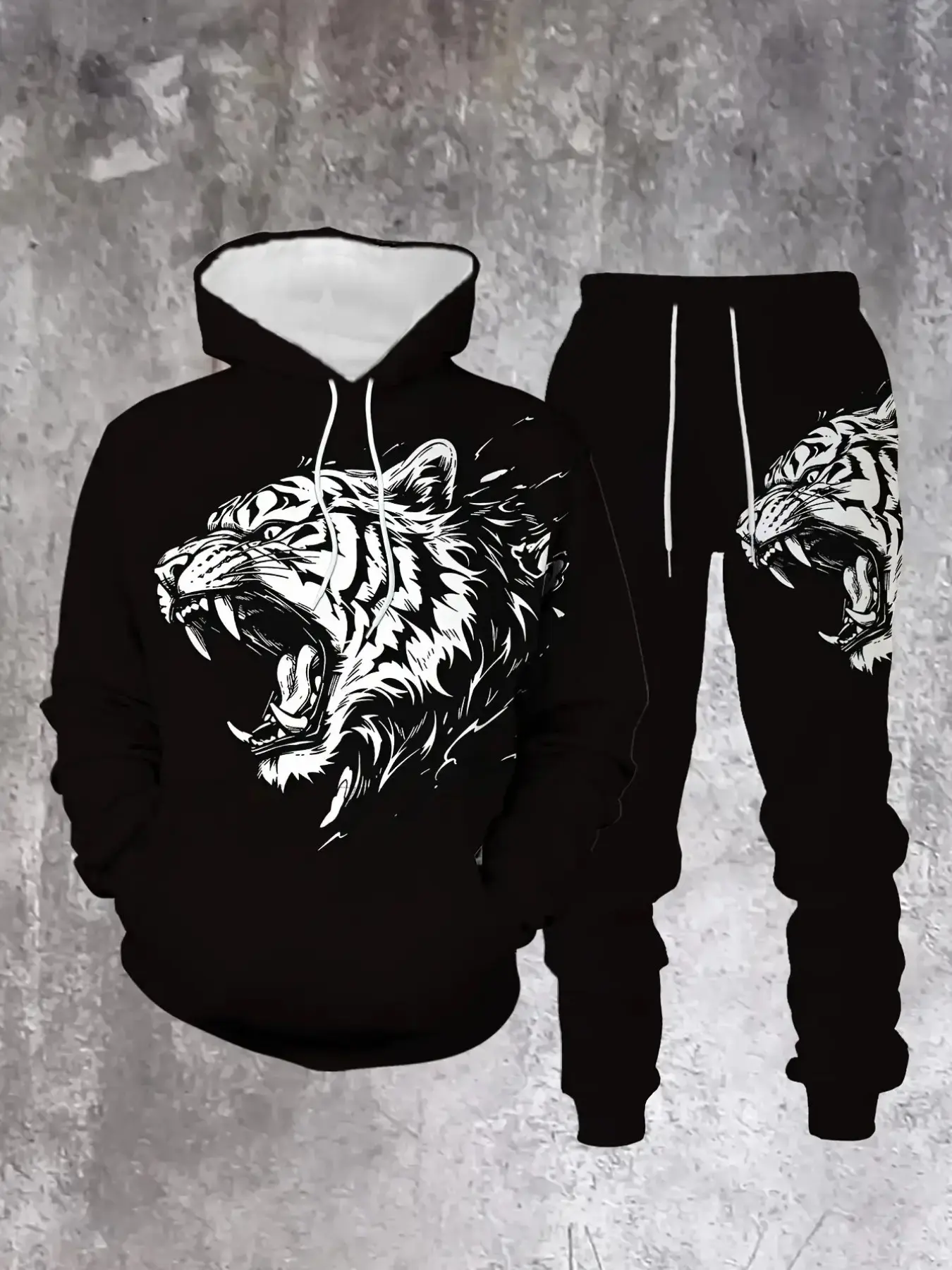 Men's Tiger Print 3D Hooded Sweatshirt and Pants Set, Polyester Casual Sportswear, Regular Fit Knit Fabric, Fall & Winter