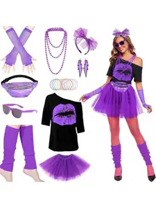 1980s Retro Off Shoulder T Shirt And Skirt Set For Women Complete Outfit With Necklace Bracelet Earrings For Party Dance Stage Performance