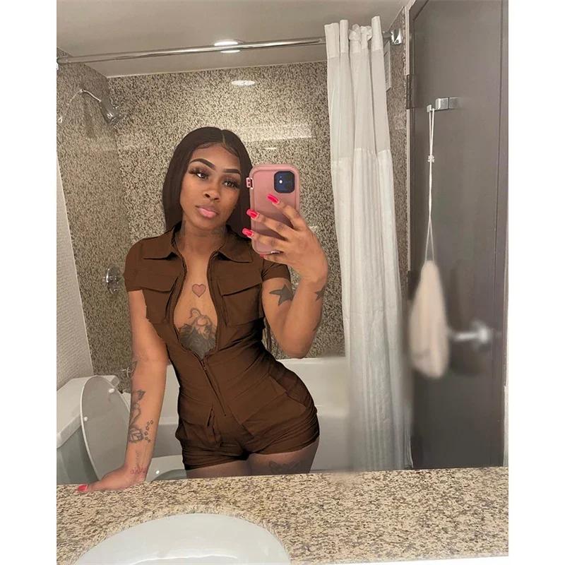Streetwear Zipper Pockets Shorts Jumpsuit Women Clothing Short Sleeve Skinny Cargo Playsuit Summer Casual Pieces Romper