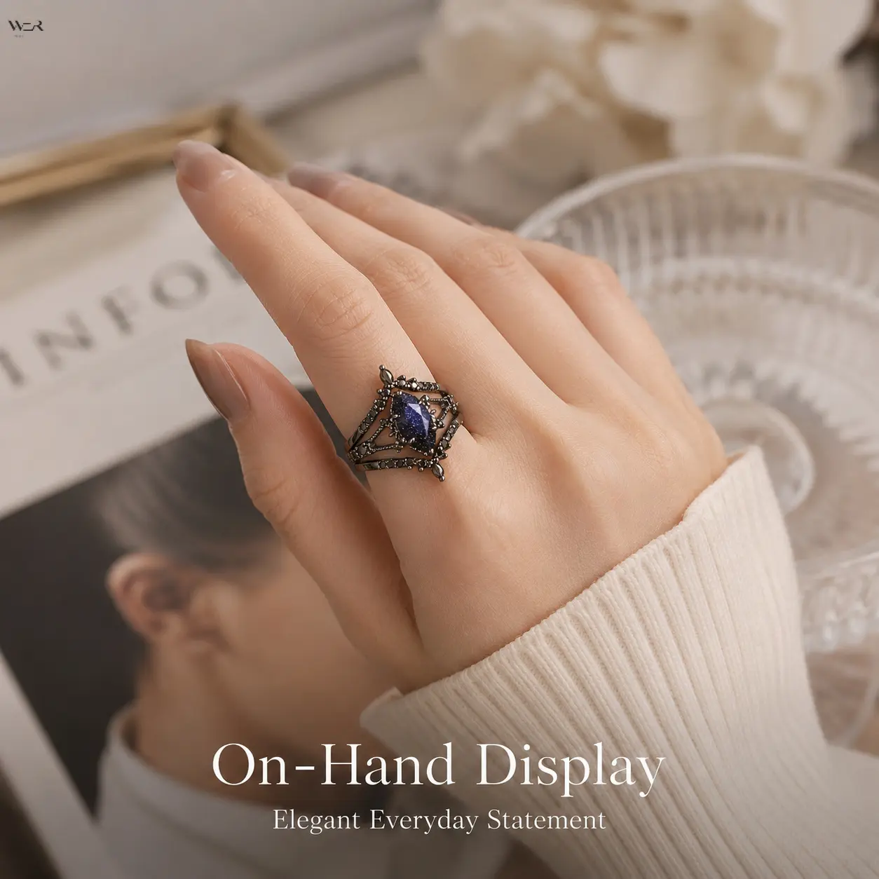 Filigree Statement Ring for Women and Girls, Black Gunmetal Band with Marquise-Cut Blue Stone - Vintage Gothic Jewelry, Fashion Gift, Women/Girls