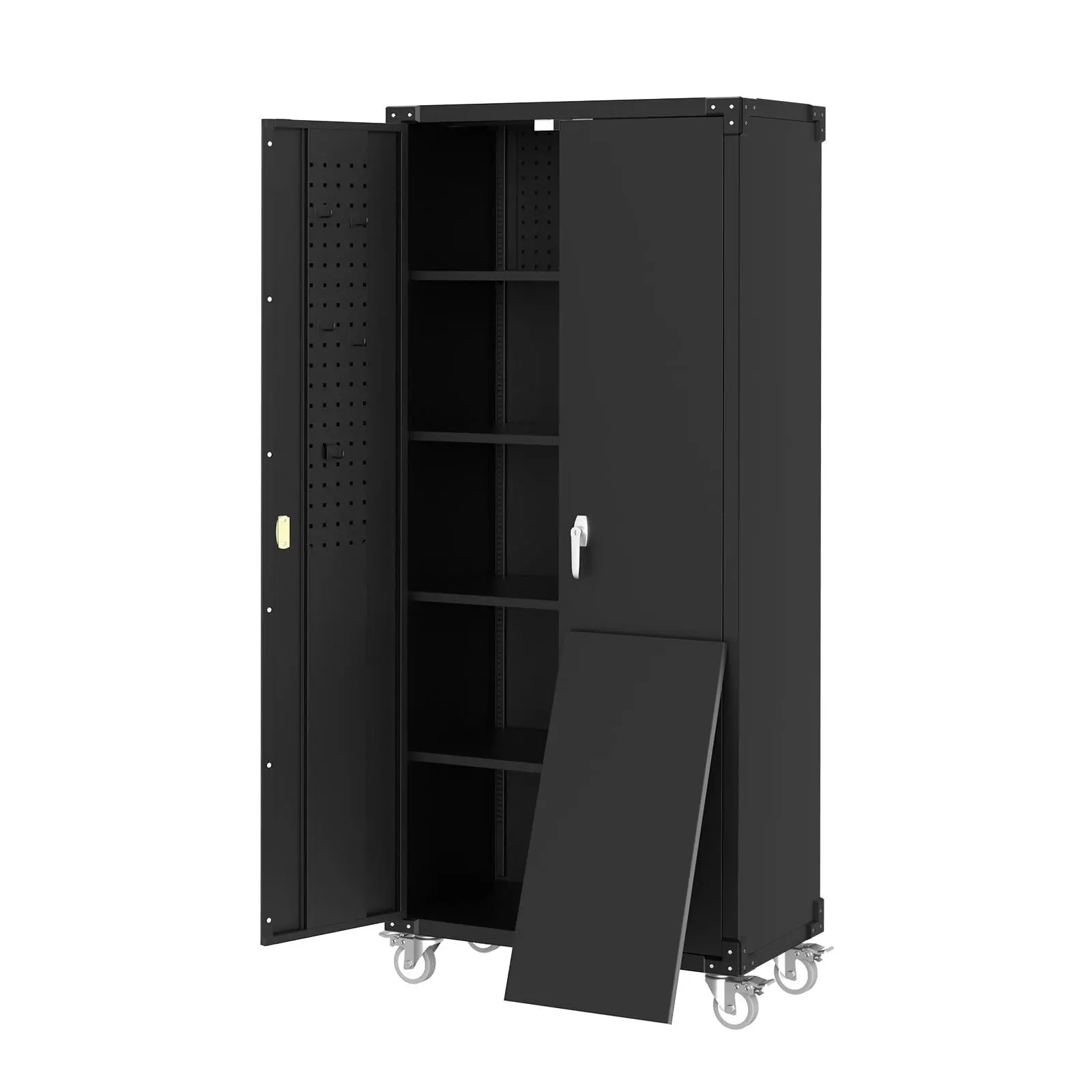 Black 72" Heavy-Duty Steel Garage Storage Cabinet with Lock, Wheels & Pegboard, 4 Adjustable Shelves, Multipurpose Organizer for Workshop, Home & Office