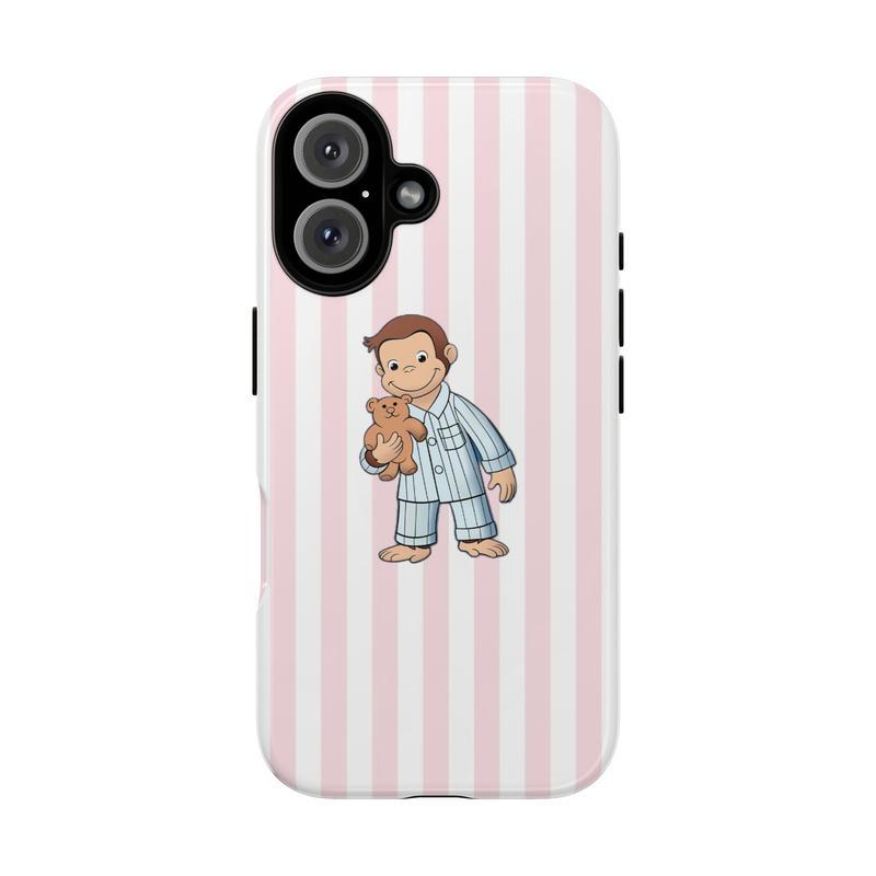 Cute Cartoon Monkey Tough Phone Case, Curious Georgeee, Fun Pink Animal Design Protective Phone Cover for Girls & Kids, Protective Cover, Pink Tone Case iPhone 17 Air 16 Promax 15 Plus 14 13 12 11.MFL22