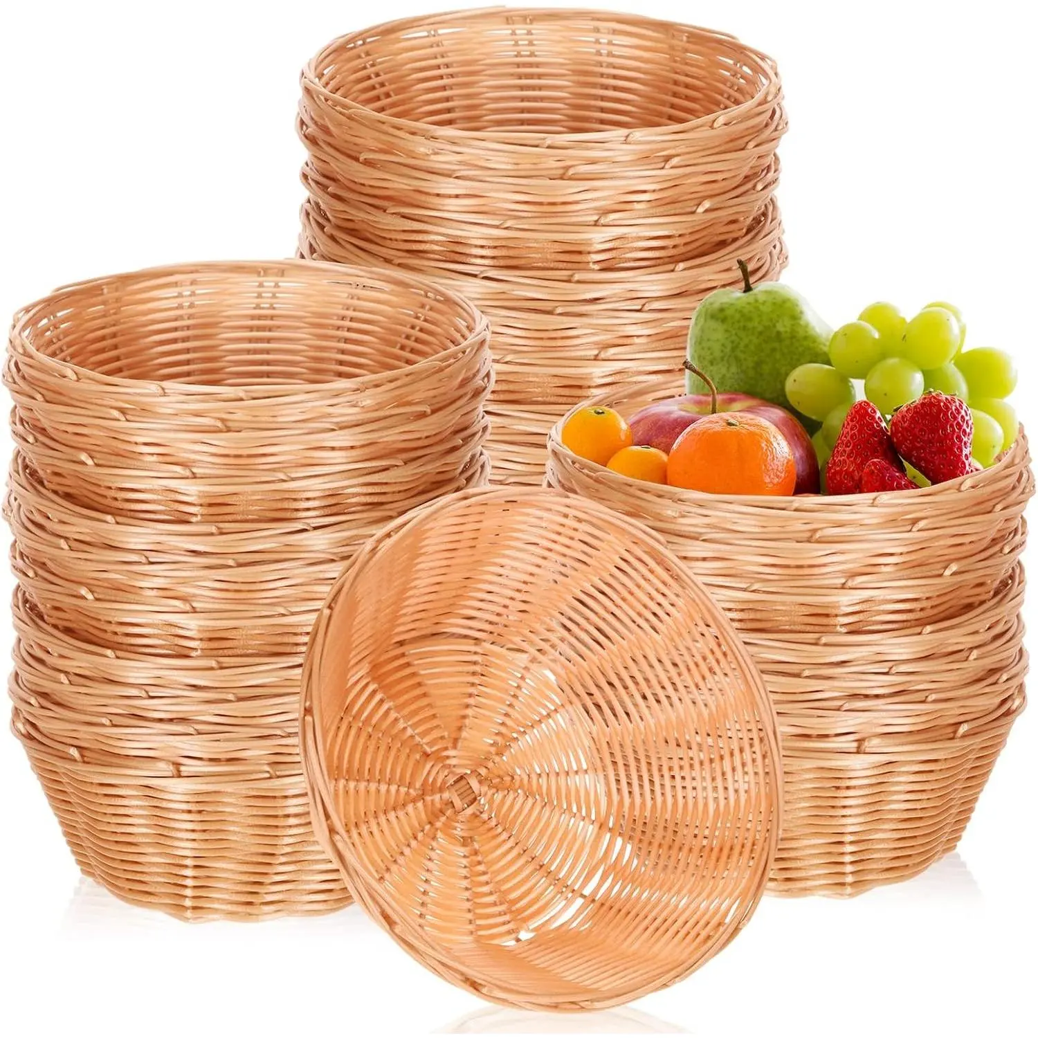 30 Pack Small Round Bread Baskets Bulk Plastic 7.1 Inch Woven Wicker Style Fruit Chip Storage for Food, Table, Kitchen, Restaurant, Centerpiece, Gift Basket