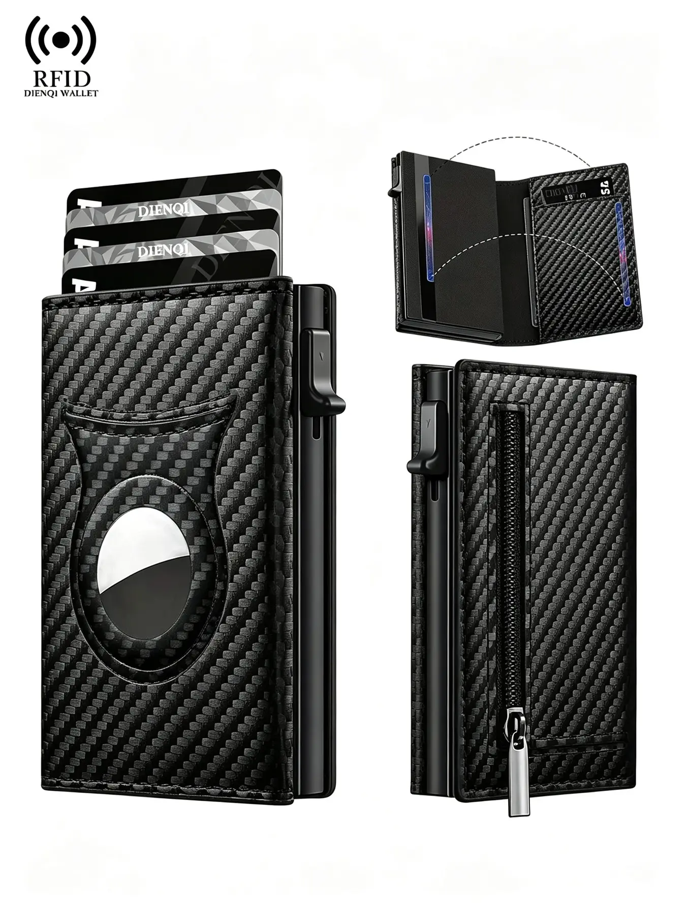 Rfid Carbon Fiber Pattern Wallet, Minimalist Airtag Compatible, Automatic Pop Up, Coin Pocket, Portable Business Card Purse