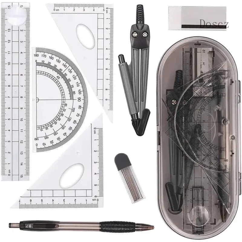 8-Piece Math Geometry Kit for Students & Engineers, School/Office Stationery with Shatterproof Storage Box, Includes Rulers, Protractor, Compass, Pencil, Eraser, Pencil Lead Refills for Drawing Tasks, Students/Engineer