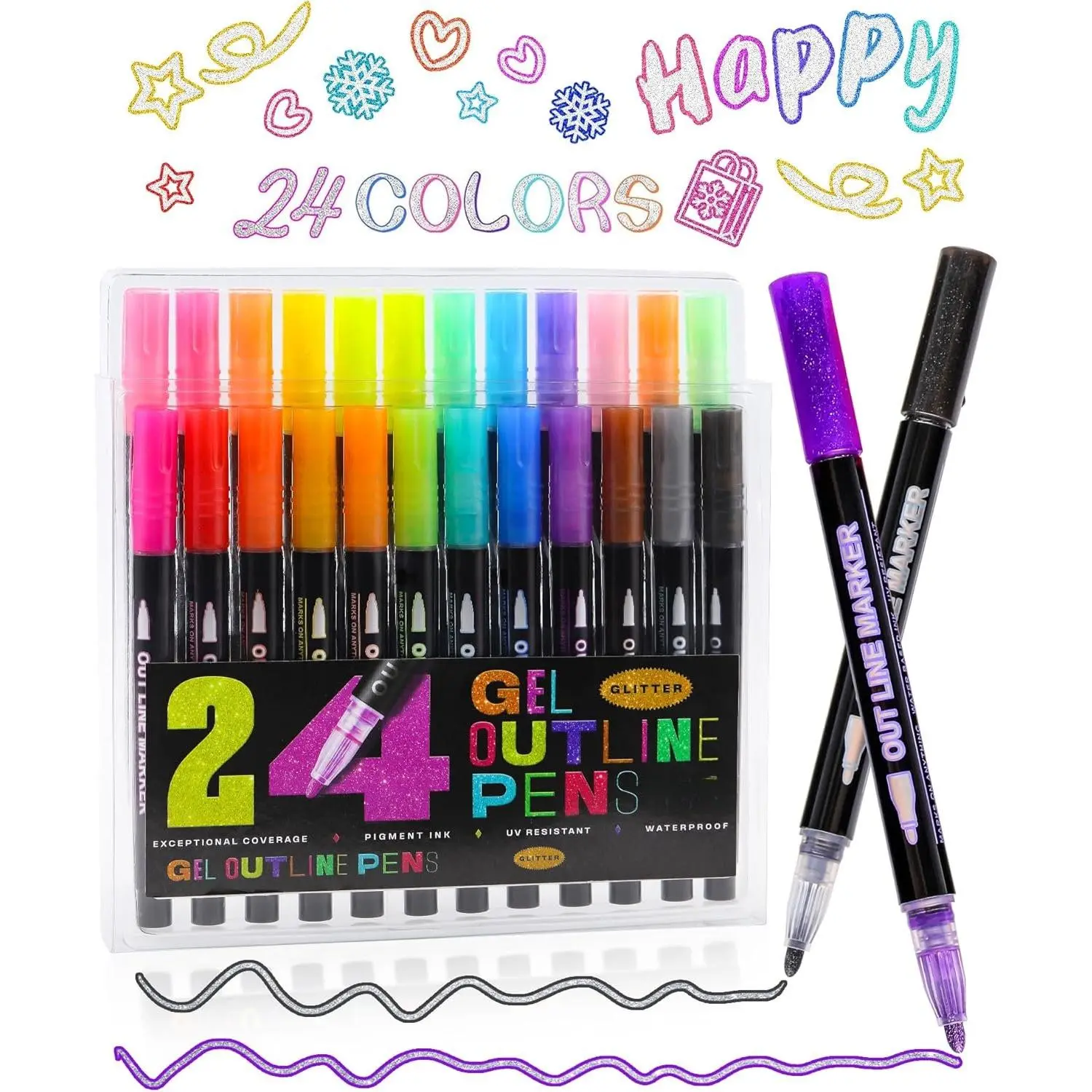 24-Color Outline Metallic Markers, High Visibility Self-Double Line Squiggles Pens with Metallic Ink, Shimmer Glow Writing Tools for Art Drawing, Christmas Greeting Cards, Office Stationery Crafts