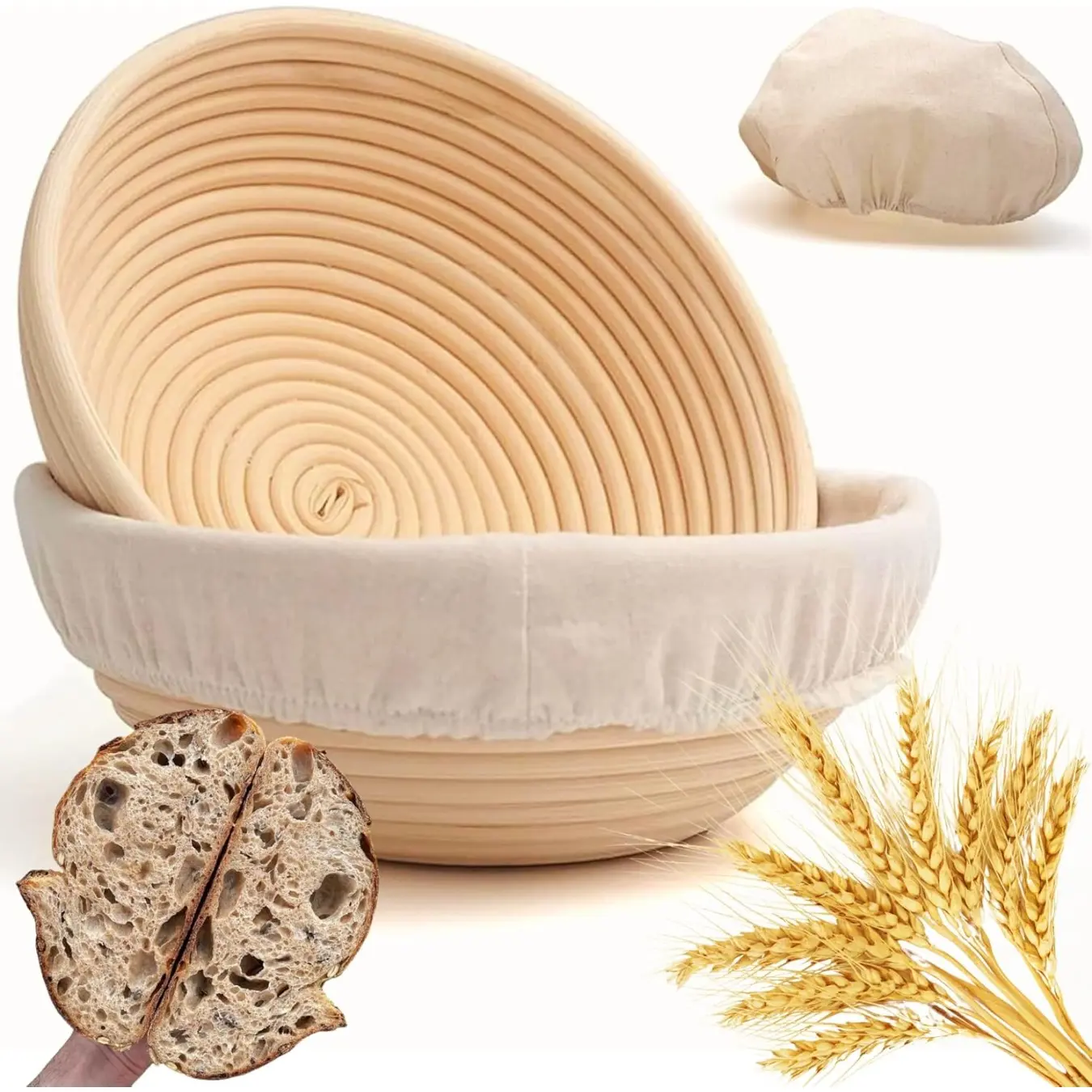 Bread Proofing Basket & Liner – Handmade Rustic Sourdough Bread Baking Supplies, Brotform Basket, Sour Dough Tools, Gifts for Bakers, Bread Making Accessories - Round