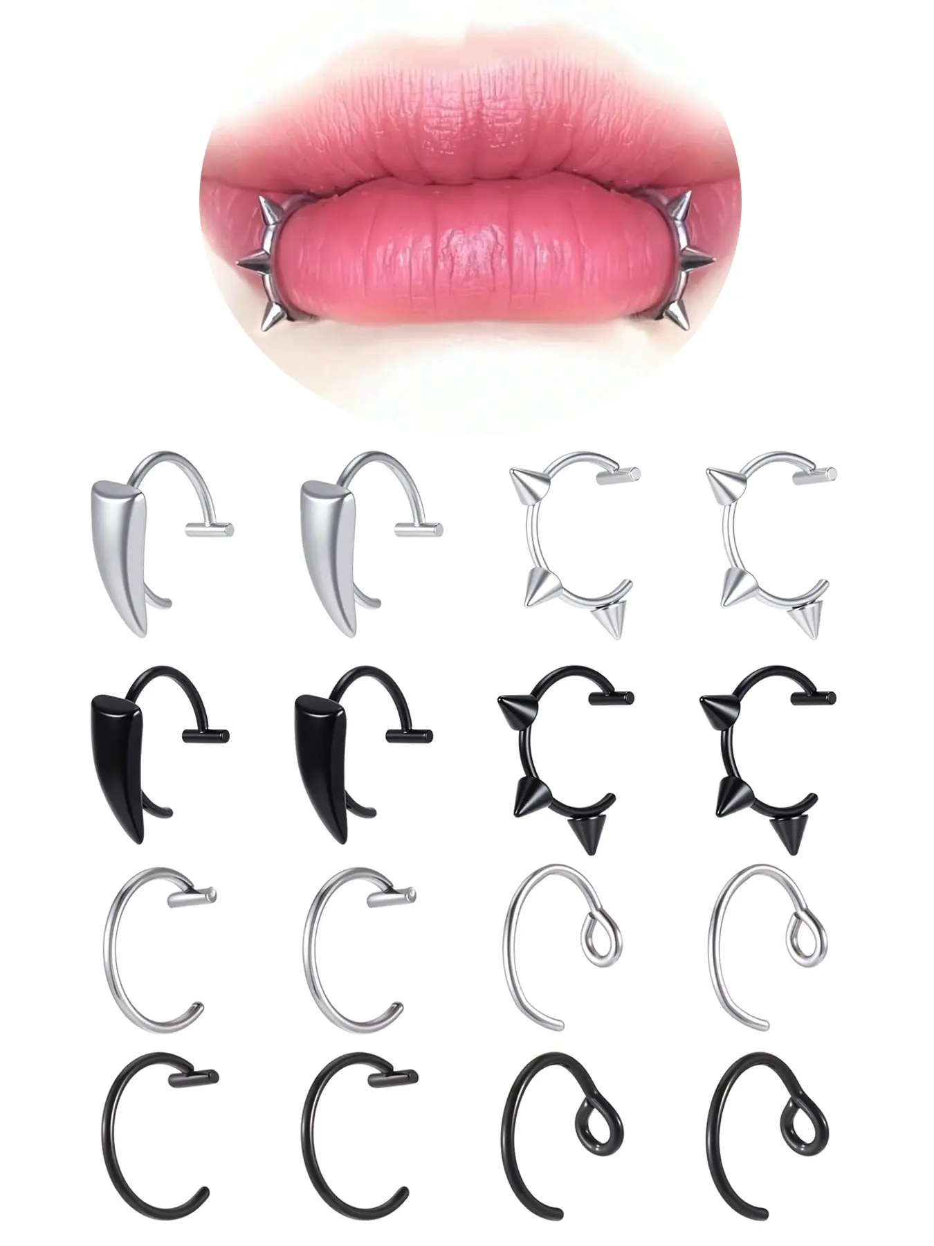 Fake Lip Ring Snake Bite Non-Piercing Lip Cuff, Stainless Steel Vampire Teeth Ring, Cosplay Party Accessories, All Seasons