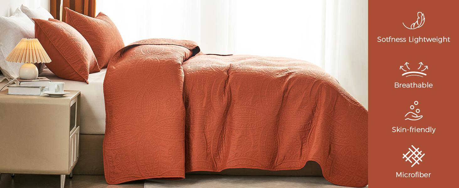 Queen Bedding Set,Burnt Orange Ultrasonic Full/Queen Set,Lightweight Soft Bedspread Coverlet,Style Coin Pattern Bed Cover for All,3 Piece(1,2 Pillow Shams)