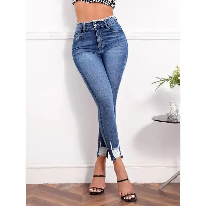 Women's Plain Ripped Button Pocket Skinny Jeans, Fashion Casual  Raw Hem  Pants for Daily Outdoor Wear, Ladies Bottoms for All Seasons(gift)