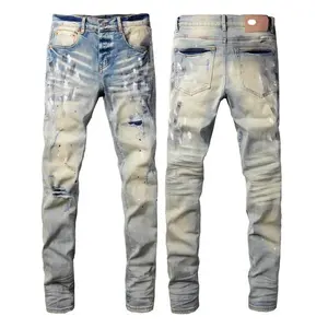 Men's Vintage Bleached Wash Destroyed Denim Jeans, Cotton Blend Slim Fit Paint Splatter Patched Ripped Jeans, Fashion High Street Casual Daily Wear Denim Pants