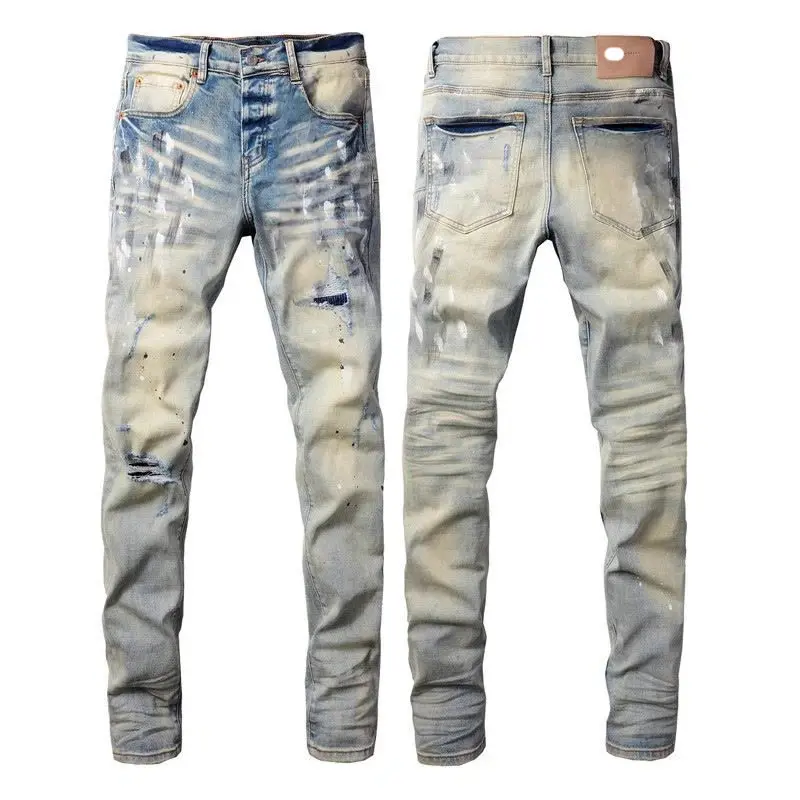 Men's Vintage Bleached Wash Destroyed Denim Jeans, Cotton Blend Slim Fit Paint Splatter Patched Ripped Jeans, Fashion High Street Casual Daily Wear Denim Pants