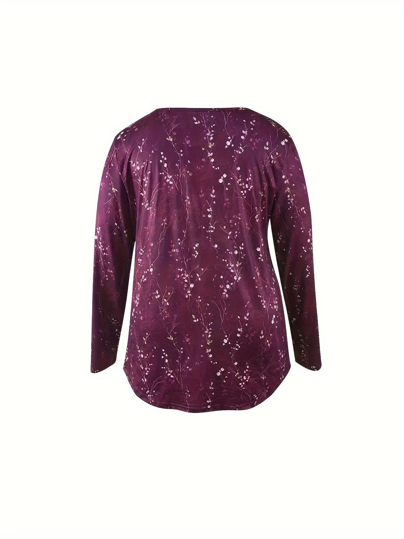 Plus Size Casual T-shirt, Women's Plus Floral Print Button Up Ruched Long Sleeve V Neck Medium Stretch T-shirt
