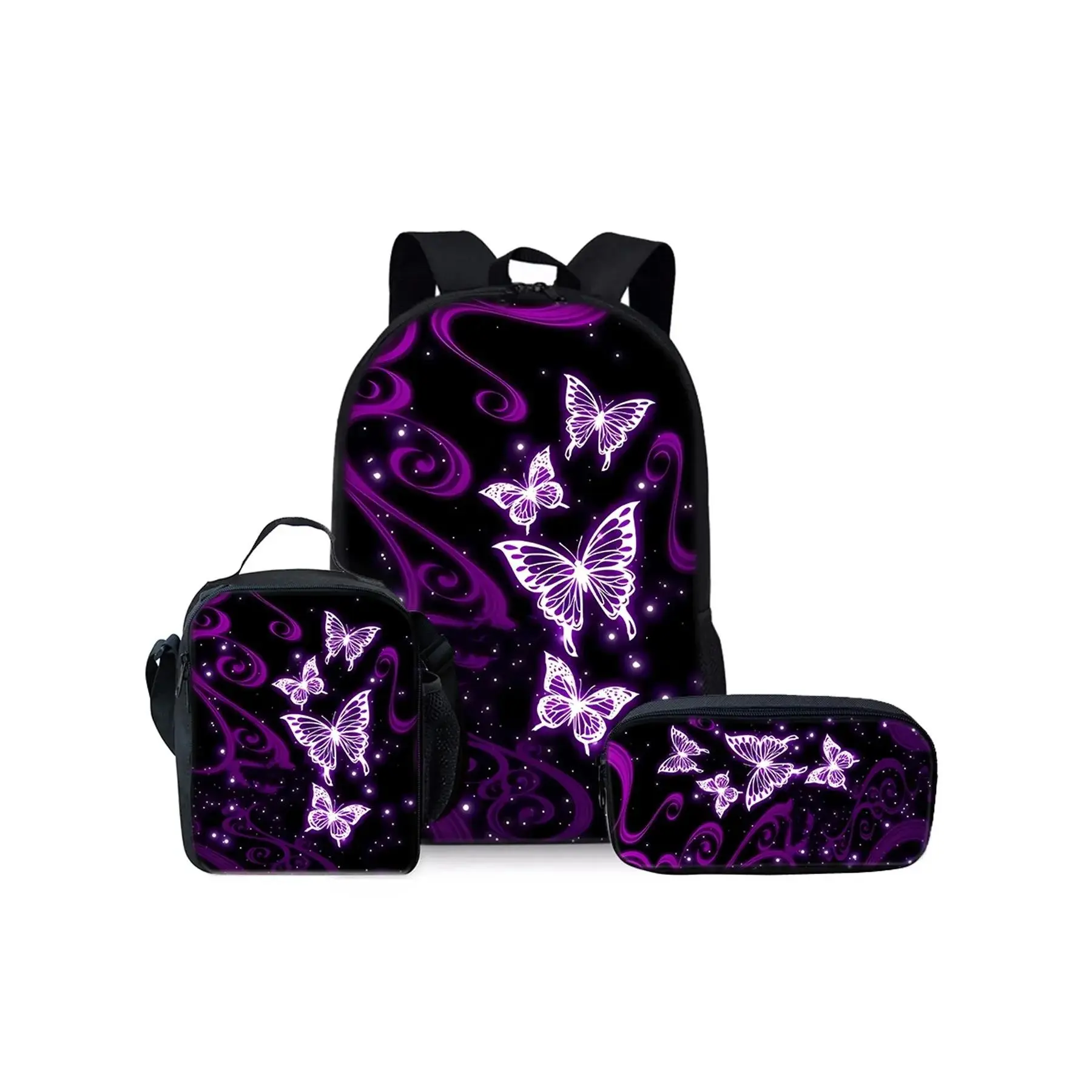 Purple butterfly pattern printed 17-inch Cute Backpacks three-piece set (single-layer backpack + shoulder strap lunch bag + single-layer pencil bag)