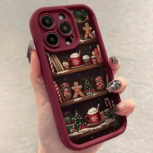 Phone Case: Christmas Shelf Phone Case with Burgundy Frame, Christmas Scene Design, Gingerbread for Man and Hot Cocoa All-Over Print, Full-Coverage Drop-Proof Protective Case Suitable for iPhone 17 16 15 14 13 12 11 XS XSMAX X PROMAX PLUS AIR E
