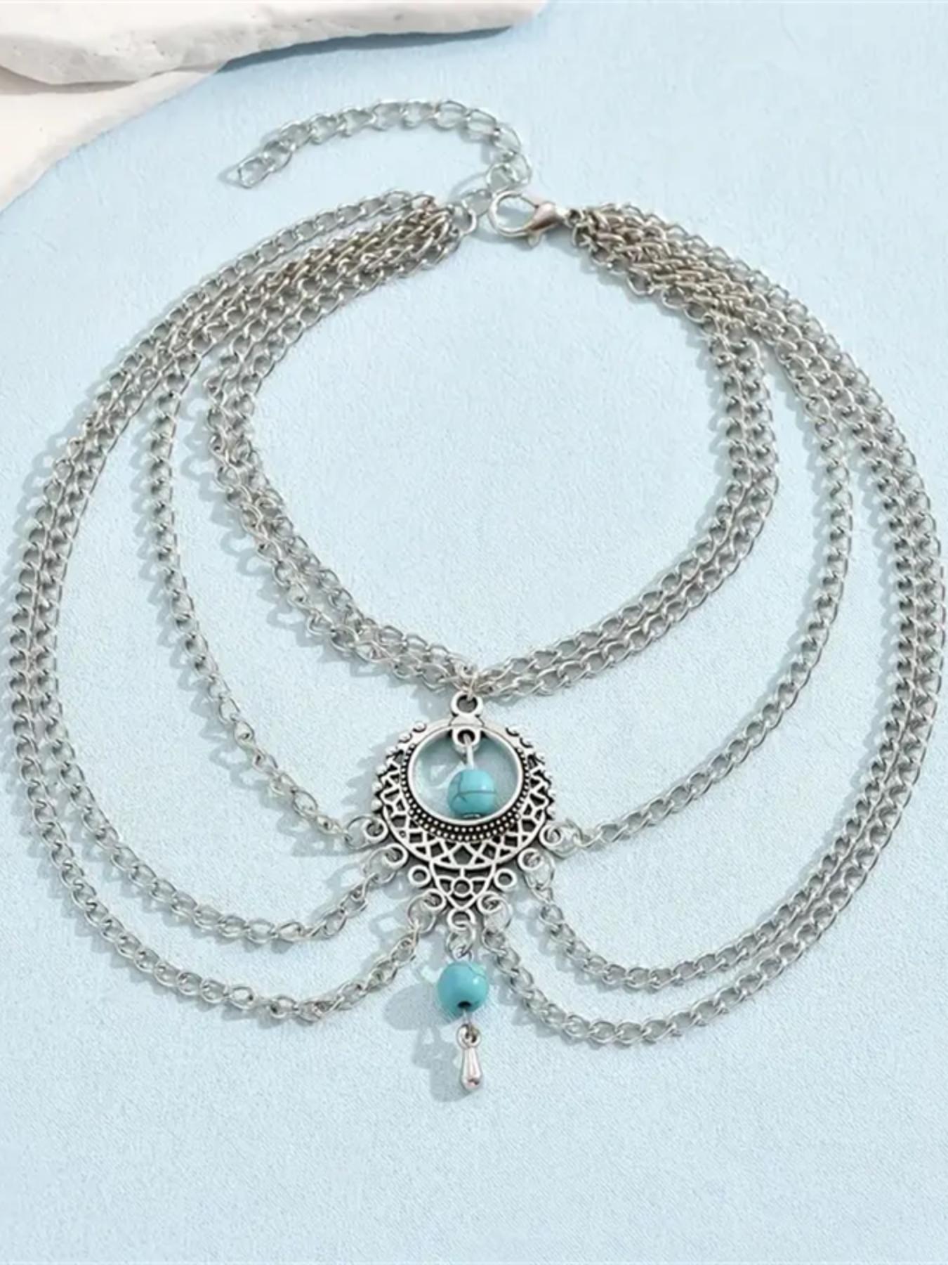Boho Style Turquoise Beaded Decor Multi-layered Adjustable Strap Anklet, Trendy Fashionable Accessories, Trendy All-match & Exquisite Pendant Jewelry Accessories for Women & Girls for Party & Daily Cloth Decor, Chains Jewellery