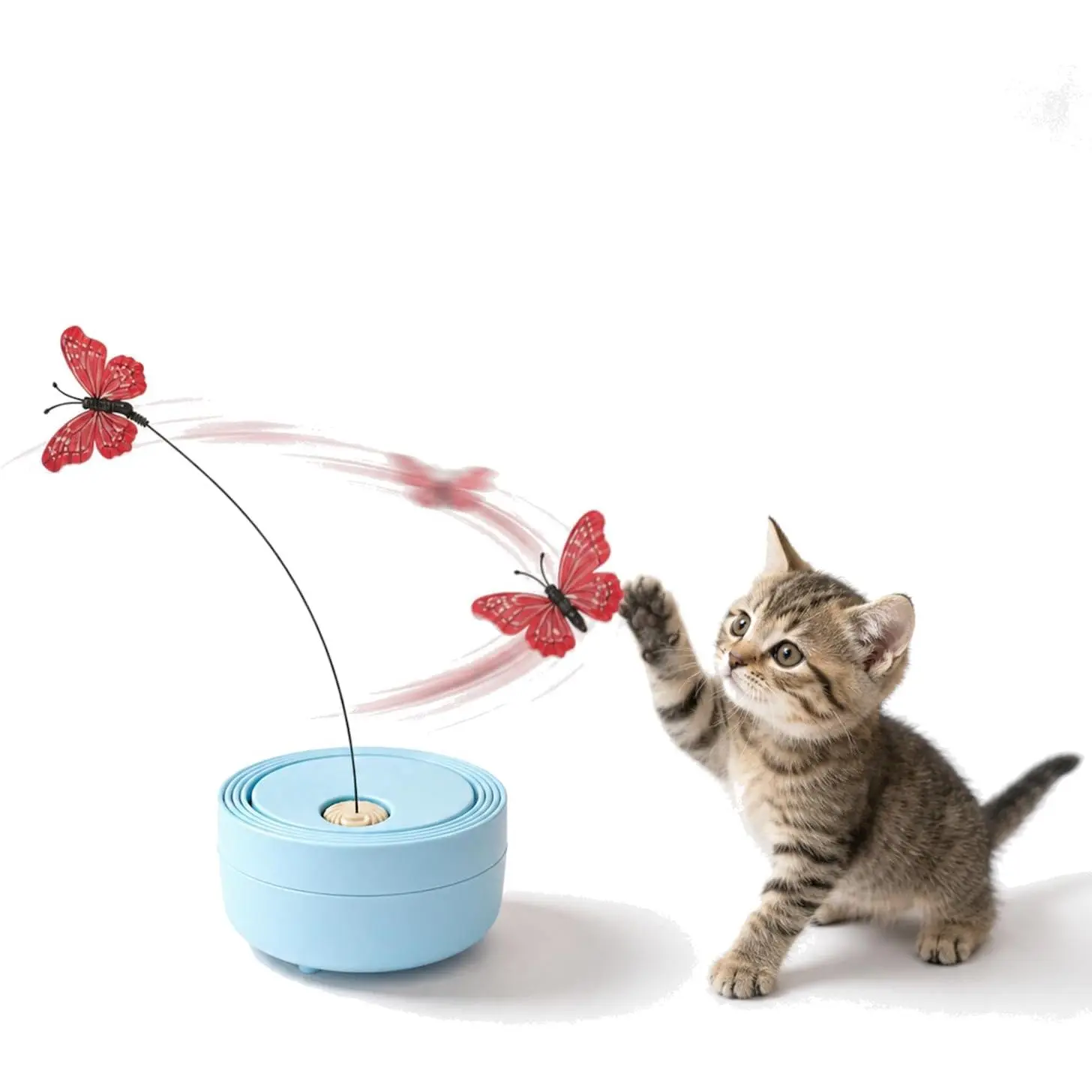 Interactive Butterfly  , 360° Rotating Wand, Blue | Flutter Butterfly Kitten Enrichment , Spinning  with  Sensor, Includes 2  Butterflies