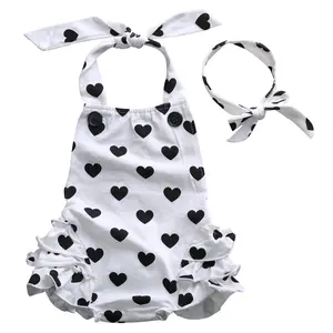 Toddler Infant Baby Girl Heart Romper Ruffled Sleeveless Backless Halter Onesie Set with Headband 2Pcs Summer Outfits