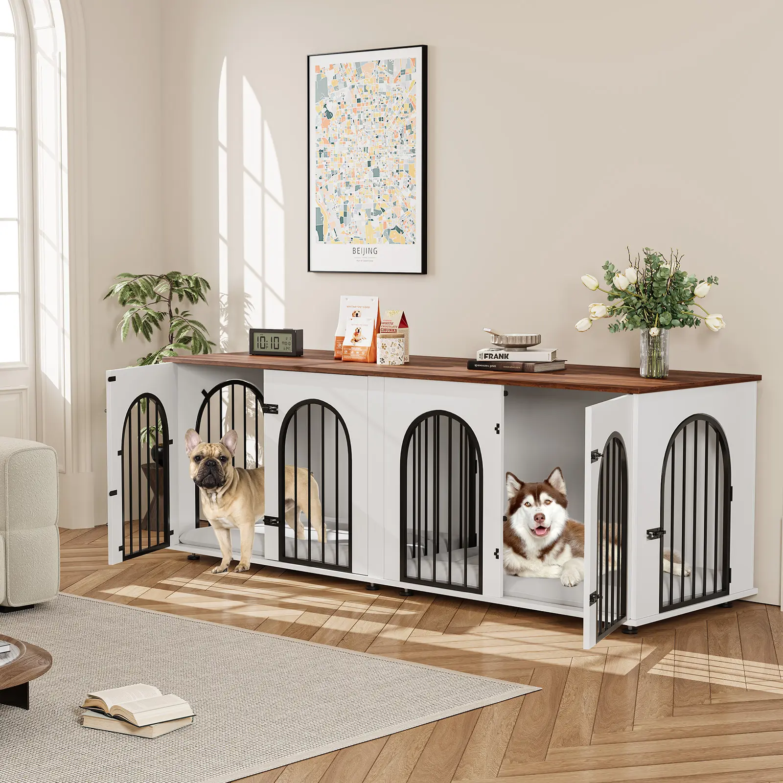 71" Large Dog Crate Furniture for 2 Dogs - Double Indoor Kennel with Door, Divider, Cushion, and TV Stand for Large & Medium Breeds,White/Brown ﻿