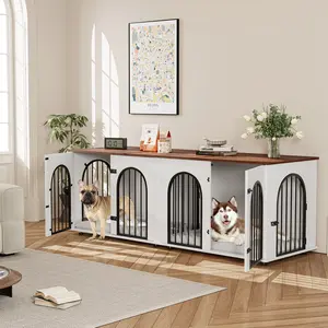 71" Large Dog Crate Furniture for 2 Dogs - Double Indoor Kennel with Door, Divider, Cushion, and TV Stand for Large & Medium Breeds,White/Brown ﻿