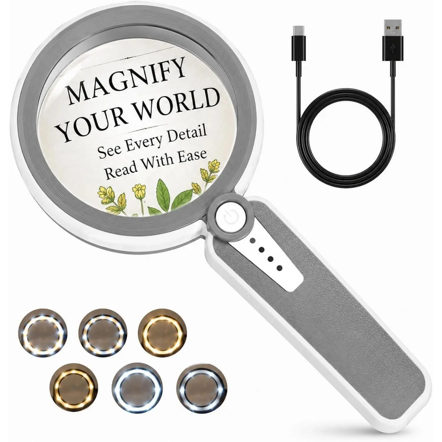 45X Magnifying Glass with Light, 4.6 Inch 1200mAh USB Rechargeable LED Handheld Magnifier, 6 Light Modes for Low Vision Seniors with Macular Degeneration, Reading, Jewelry, Coins, Father's Day - Grey