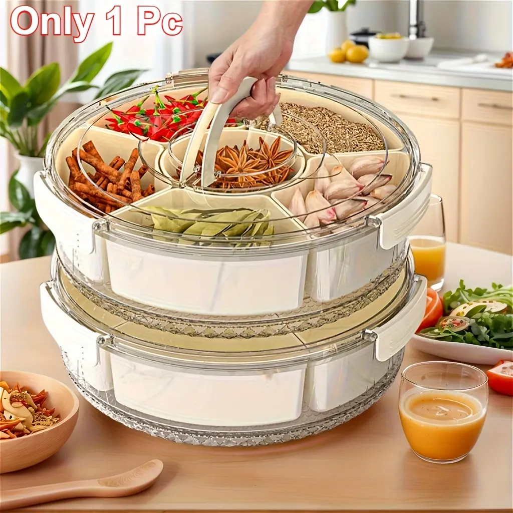 6-Grid Rotating Serving Tray With Lid & Handle, 360° Rotatable 1.06Gal Portable Snack Organizer Box, Multi-Cell Storage for RV Fridge, Camping, Party, Picnic & Travel Use