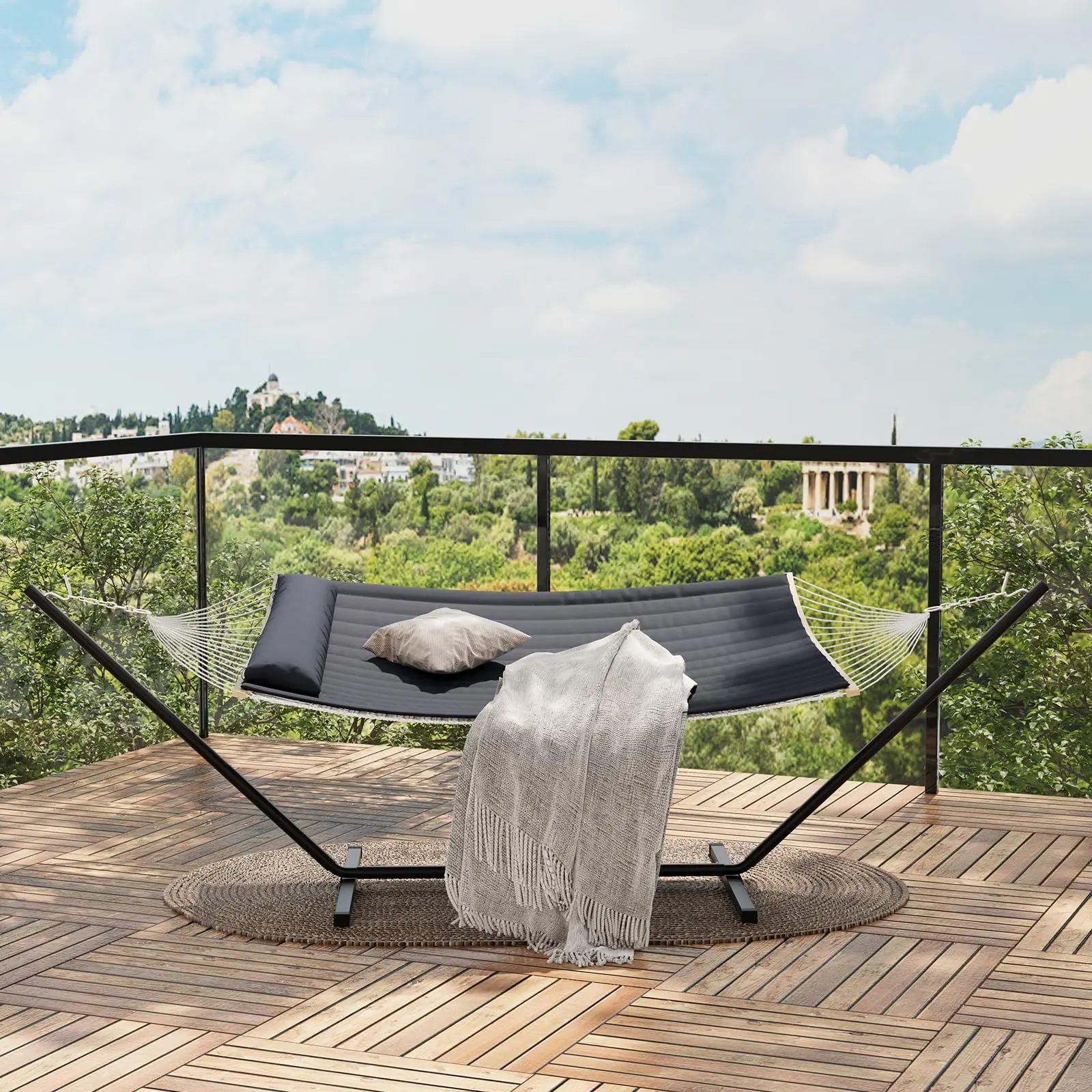 【GARVEE】Double Hammock with Frame – Adjustable, Foldable, Stable Steel Frame Supports up to 204 kg – Polyester-Cotton, Includes Carry Bag – for Garden, Terrace, Balcony, Camping, Outdoor – Gray