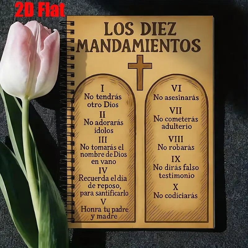 1PCS Los Diez Mandamientos Spiral Notebook, 5.7x8.26 Inch, High-Quality Lined Pages, Durable Binding, Religious Study Journal, Prayer Notes, Bible Study Companion, Ideal Gift for Christian Festivals, Church Events, Daily Devotion Use [2D] Flat