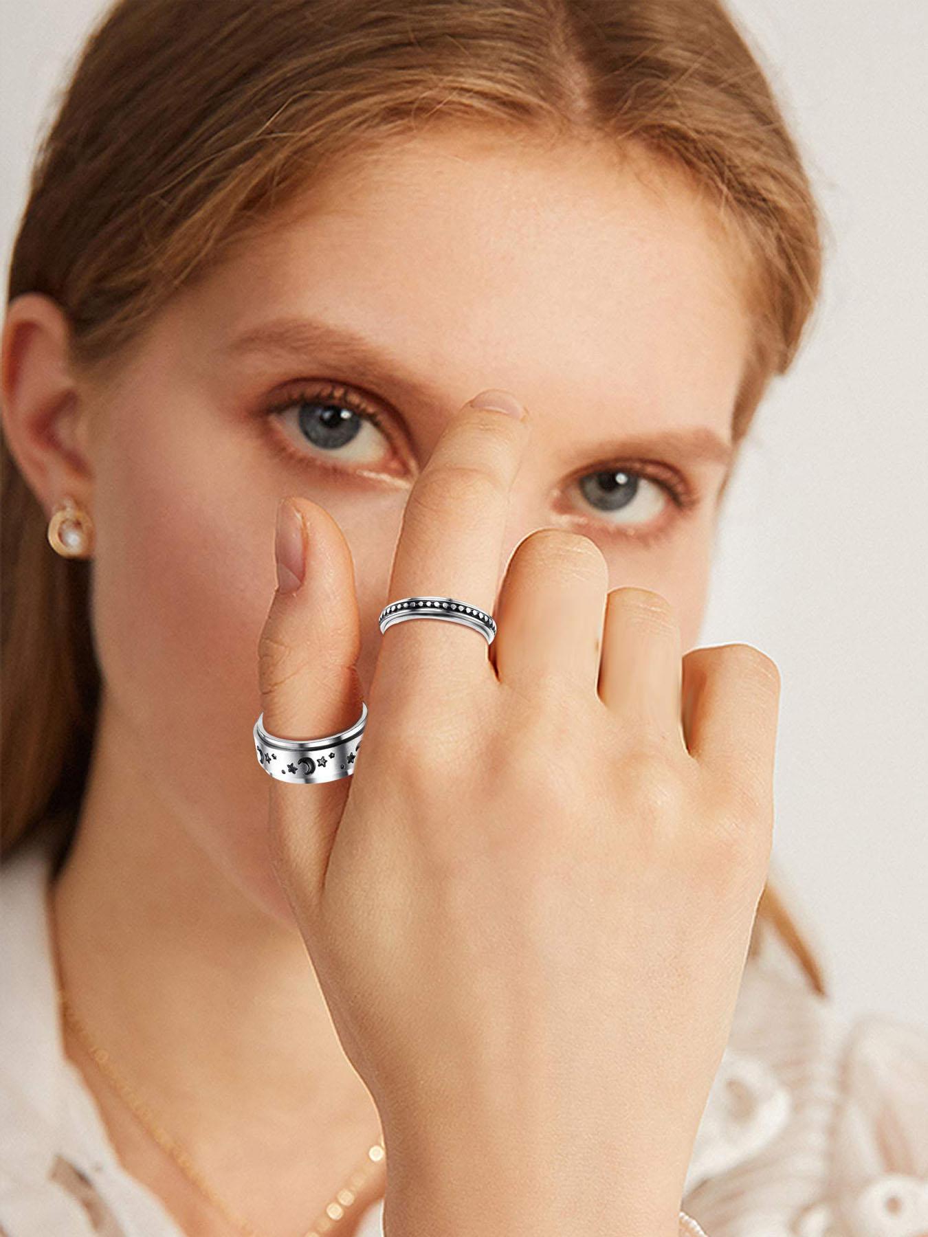 Punk Goth Style Rotating Star & Moon Design Rings, Fidget Spinner Ring, Gifts for Men/Women, Stress Relief Rings, Matching Funky Unique Accessories for Girls Birthday Gift