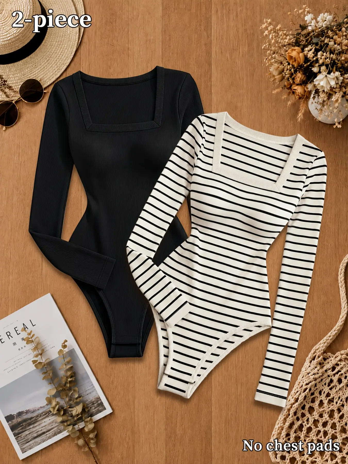 Elegant V-Neck Slim Fit Long Sleeve Bodysuit, Vertical Ruched Elastic Tightening Slimming Versatile Long Sleeve Base Layer Top, Two-Piece Set