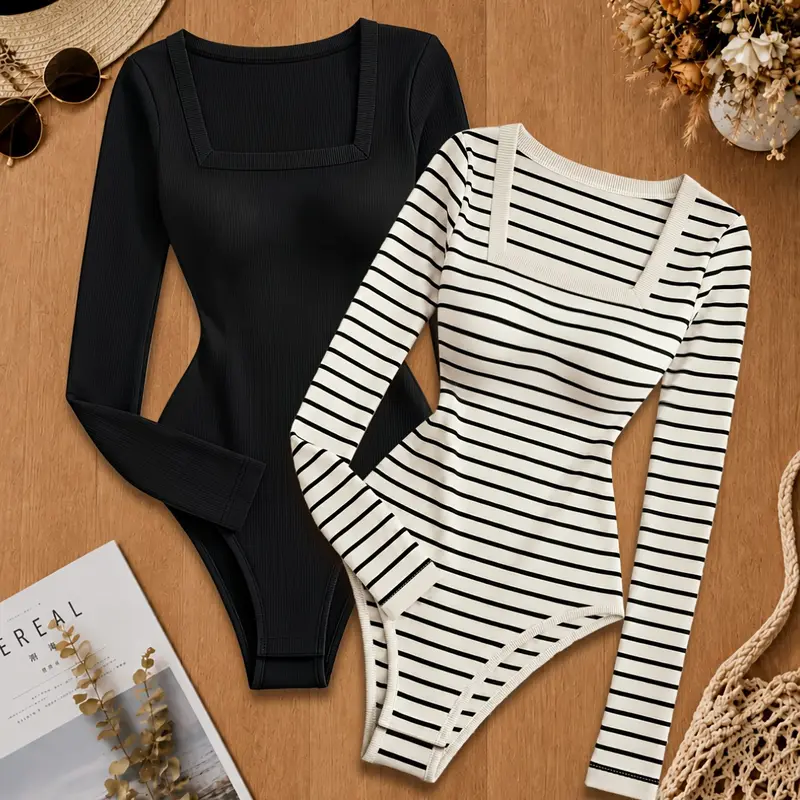 Two-Piece Elegant Striped Square Neck Slim Fit Long Sleeve Bodysuit, Elastic Slimming Versatile Base Layering Set