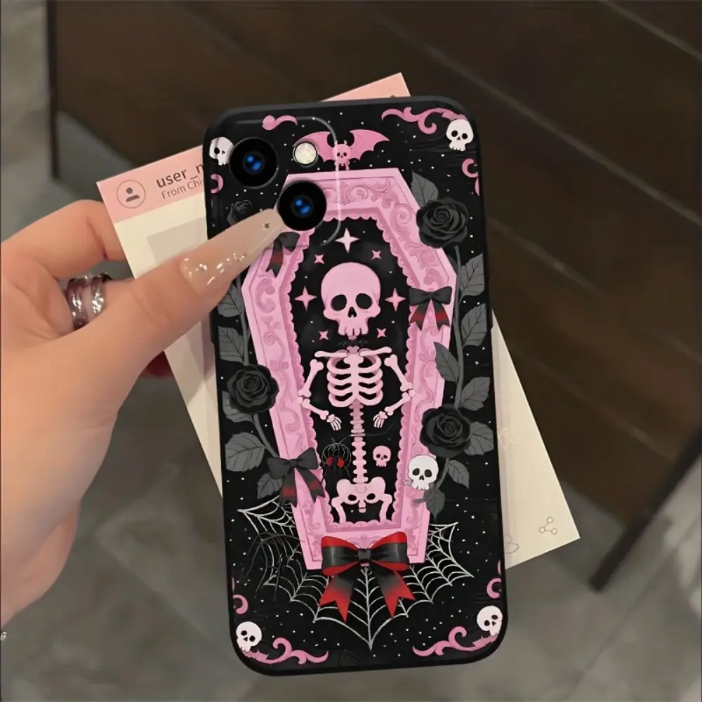 Pink Cute Skull Coffin Durable Dark TPU Frosted Phone Case For iPhone 17 air 16ProMax 15Plus 14 13 12 11ProMax Beauty Case -3V6949